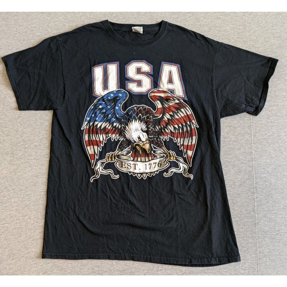 USA Bald Eagle America Flag Tshirt Black Fruit of the Loom Heavy Cotton Size L